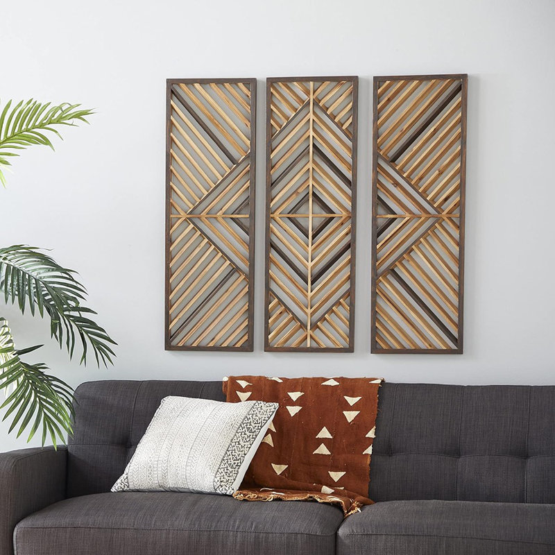 Ensemble de 3 sculptures murales en bois à motif géométrique en bois, l 12 po, H 35 po, brun