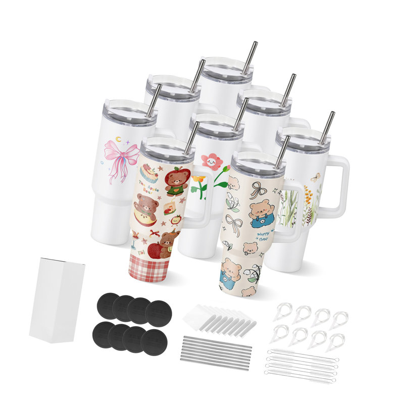 Gobelets de sublimation, gobelets de 40 oz en vrac avec poignée, gobelets de sublimation en acier inoxydable avec couvercles et pailles, gobelet à double paroi isolé pour une personnalisation personnalisée