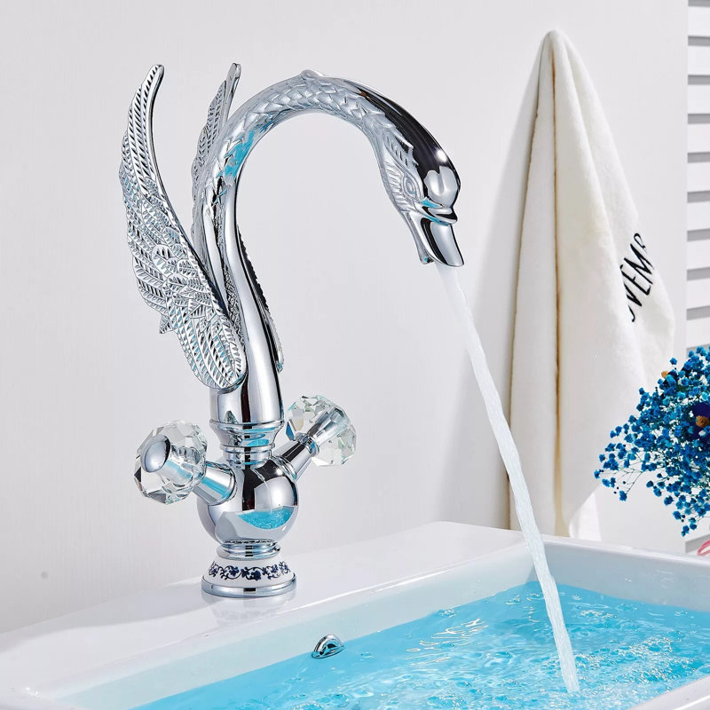 Robinet pour salle de bain Robinet pour salle de bain à un trou avec 2 poignées en cristal, Argent argent