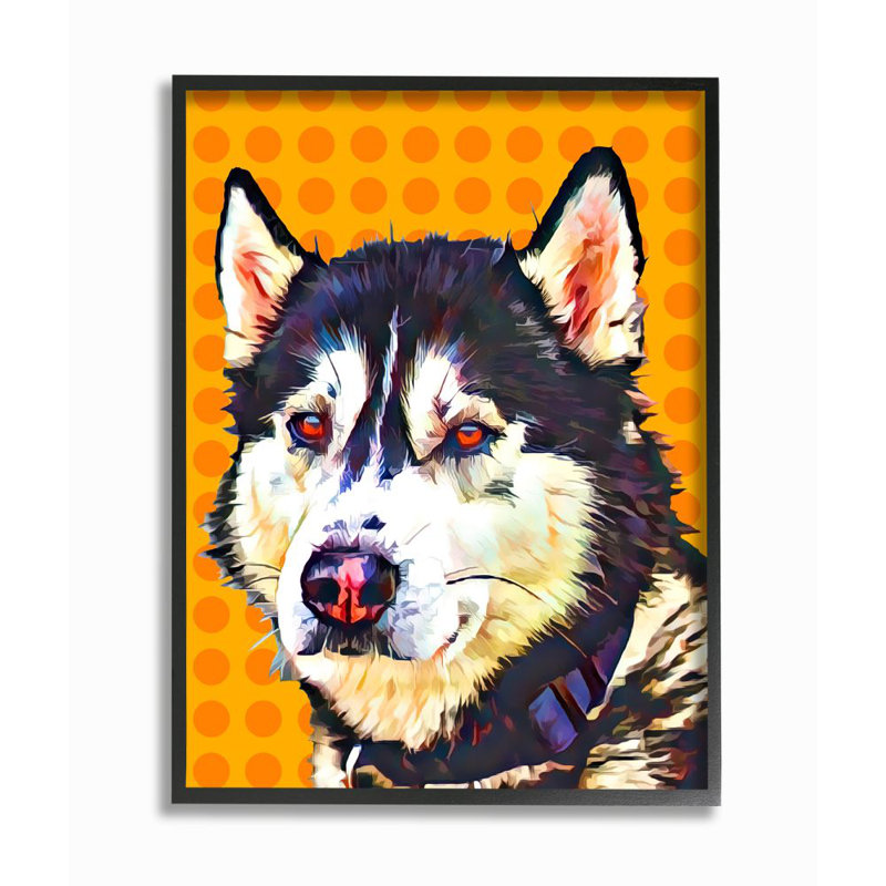 «Pop Art Husky Dog Over Orange Pois» par Kim Curationa, impression sur bois, Giclée encadrée noir minuit