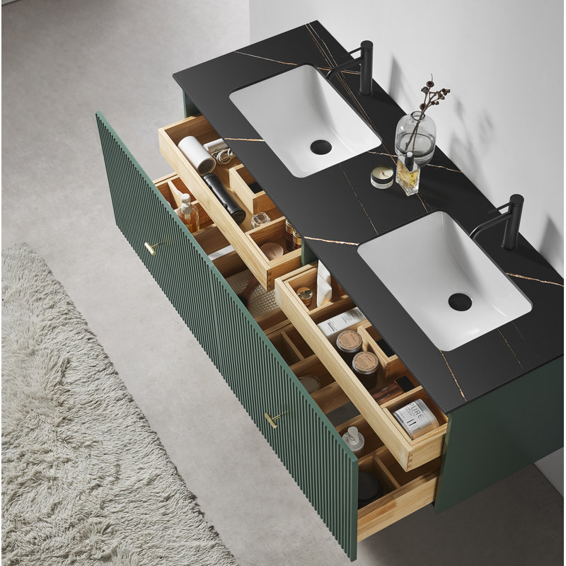 Jamell 60'' Double Bathroom Vanity with Engineered Stone Top, Forest Green, Black