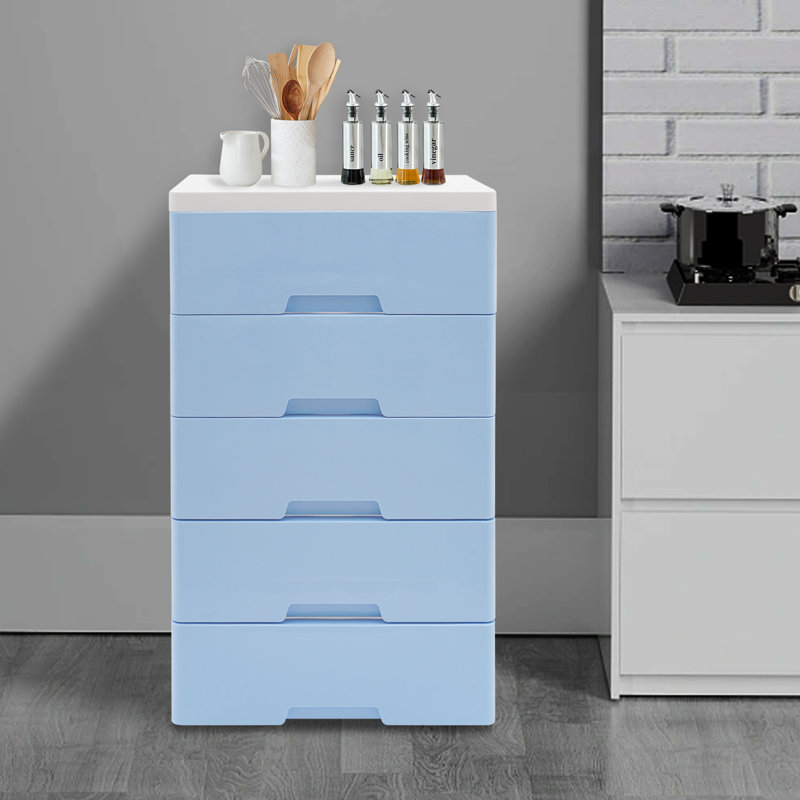 Commode 5 tiroirs avec rangement, Bleu
