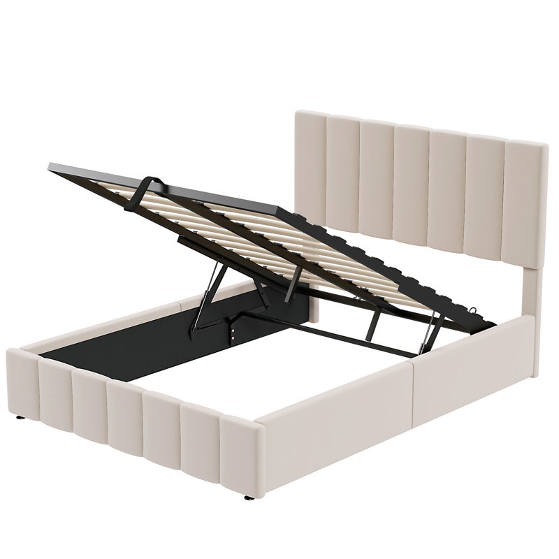 Upholstered Platform Bed In Beige With Ample Storage Solution Space