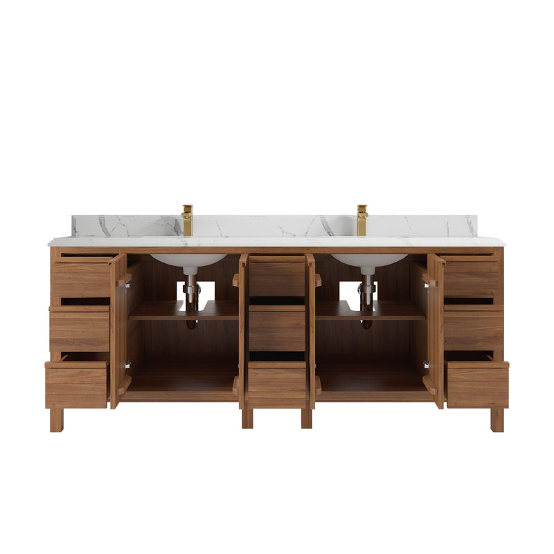 Pacorro X P 22 po Meuble-lavabo double en D naturel foncé avec quartz Cove Edge, Calacatta Laza