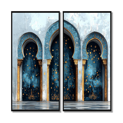 «Blue Rabat Kasbah Morocco Doors», ensemble de 2 reproductions d'art encadrées sur toile, paysages bleus du Maroc