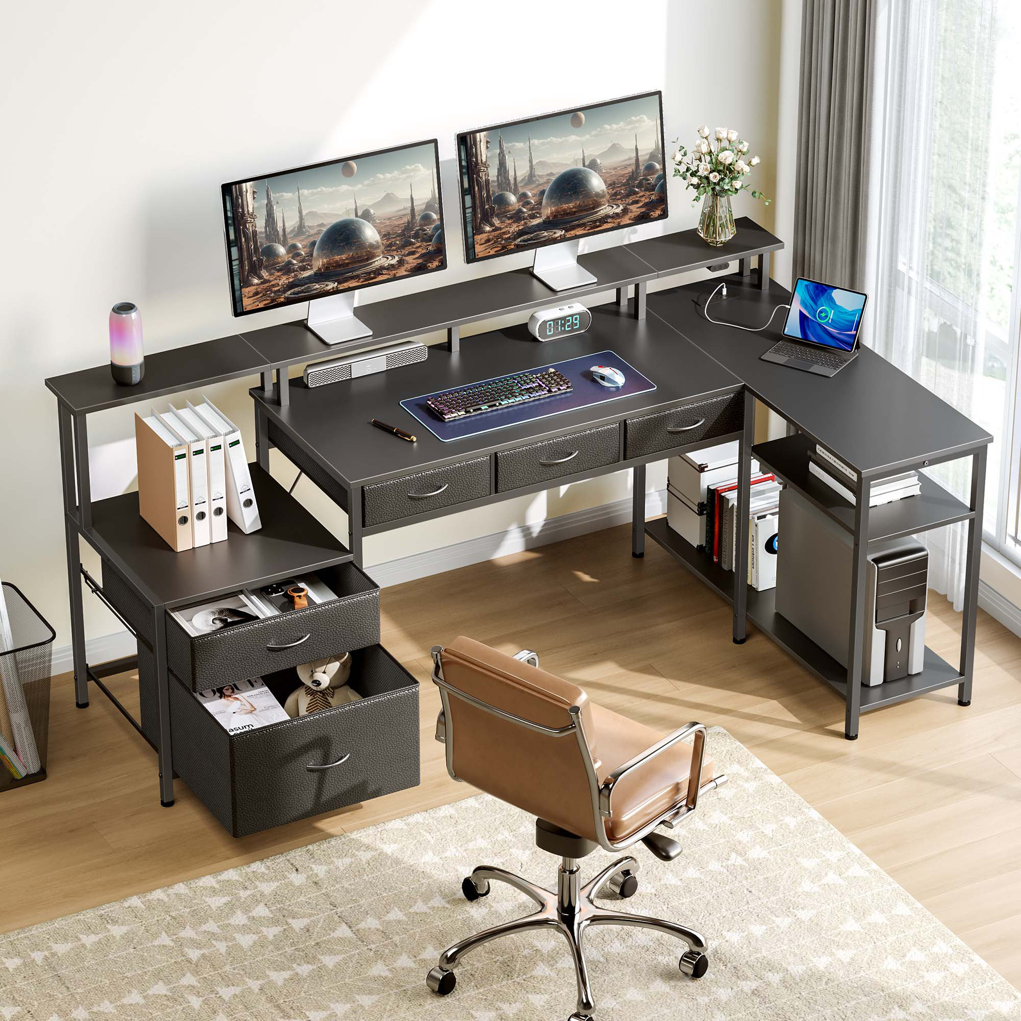 Wrought Studio L Shaped Desk with File Drawer and Monitor Stand, Home