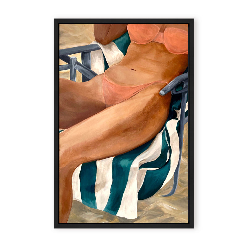 Coastal Retreat Riviera Retreat: Woman Lounging On Beach Towel And Chair, 40" H x 30" W x 1.125" D, White, Framed Print