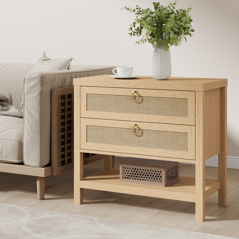 Boho Large Rattan Nightstands With 2 Drawers & 1 Shelf , Natural Oak, Individual