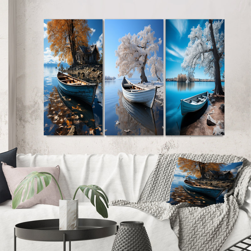 «Blue Lakeside Hideaway», 3 pièces sur toile, Toile tendue, H 40 po x l 60 po