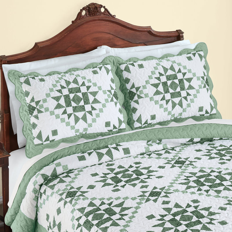 Classic Star Design Patchwork Scalloped Edge Pillow Sham Set, Sage