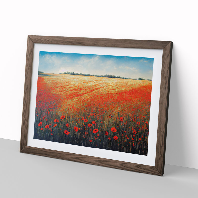 Magnificent Poppy Field Flowers - Single Picture Frame Painting, 46cm H x 64cm W x 2cm D, Walnut