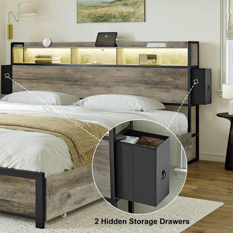 Lit Livia King avec 2 tiroirs sous le lit, lit plateforme moderne avec station de recharge et éclairage DEL, tête de lit avec rangement, 2 tiroirs de chevet et étagères ouvertes, gris