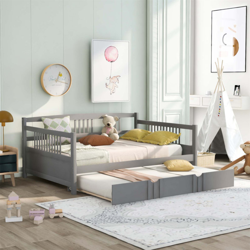 Lit de jour double en bois avec lit gigogne simple, construction en pin durable et conception peu encombrante pour une utilisation polyvalente