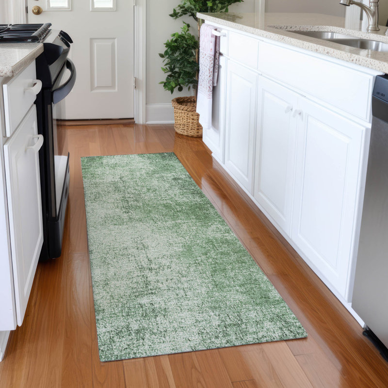Machine Washable Indoor/Outdoor Xhevrie Green Rug, Runner 2'3" x 7'6"