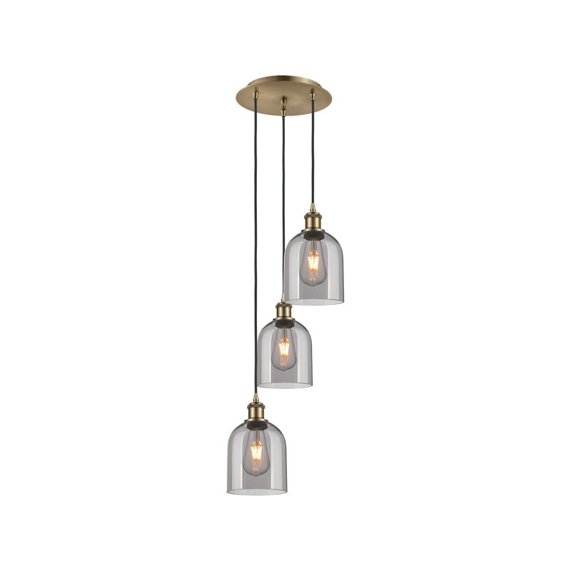 Luminaire suspendu grappe 3 lumières Odaniel, Laiton antique, Gris fumée clair
