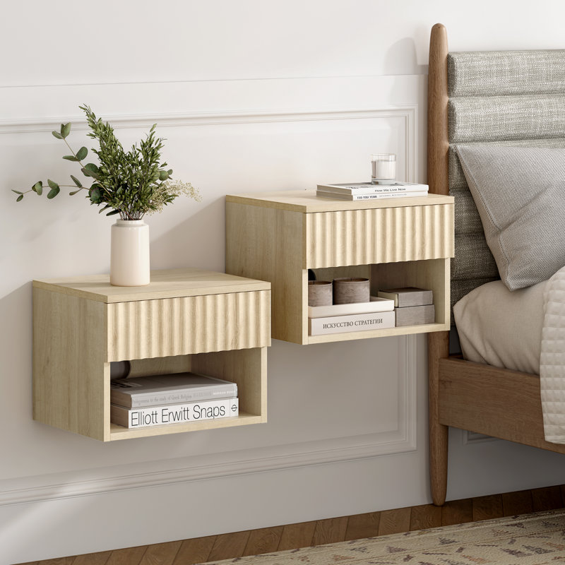 Drawer Wall-Mounted Nightstand With Open Cubby, Set of 2, Light Oak