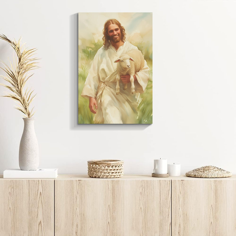 «Jesus with Lamb in Sunny Pasture - Christian Faith», impression sur toile tendue, H 18 po x l 12 po
