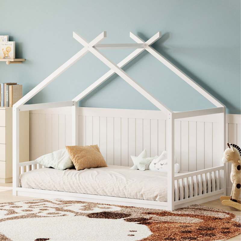 Lit double blanc pour, construction en bois de pin, conception de plancher sécuritaire en blanc, maison en forme de plateaux ouverts, assemblage facile, jeu indépendant