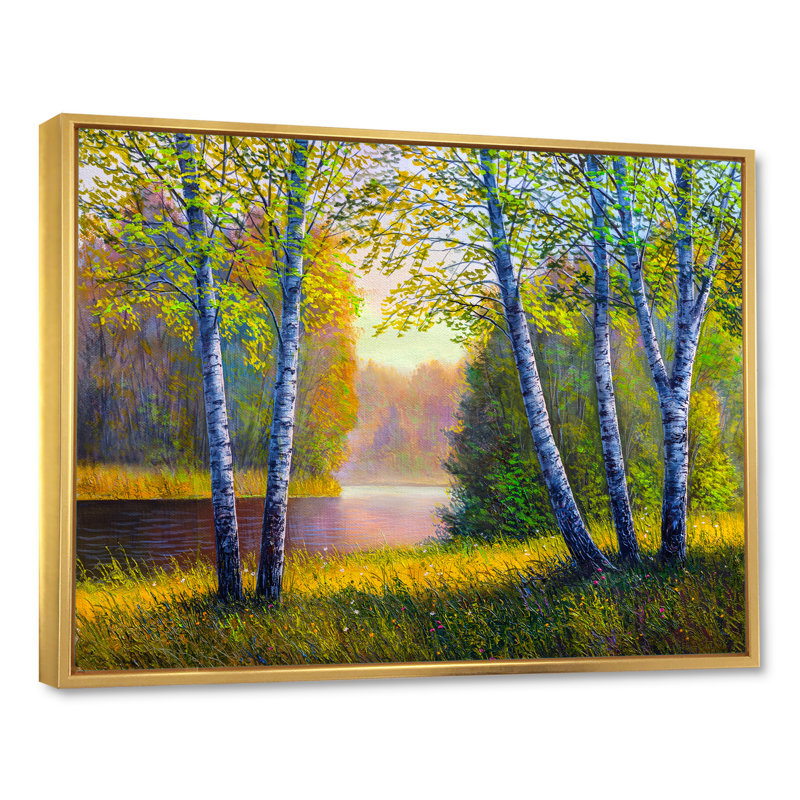 «River Through The Birch Tree Forest», reproduction sur toile flottante, H 12 po x l 20 po x P 1 po, Cadre flottant doré