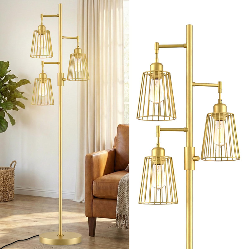 Dimmable Industrial Floor Lamp, Farmhouse Floor Lamp Standing Tree Lamp With 3 Elegant Teardrop Cage Heads & Included 3 X 1200LM Edison LED Bulbs, Tall Lamp For Living Room, Bedroom (Gold)