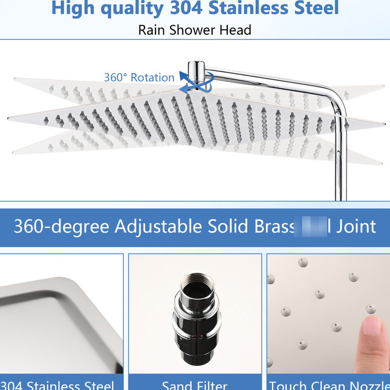 12" Square Showerhead With Adjustable Extension - Stainless Steel Build, Low- Compatible, Bathroom 12 Inch Shower Head Movable Arm Steel, No Clogging, Fits Pipe Threads
