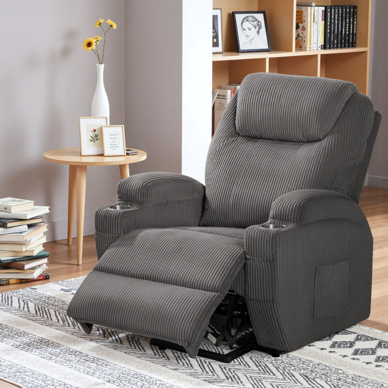 Corduroy Power Massage Recliner With Remote Angle Adjustment, Gray