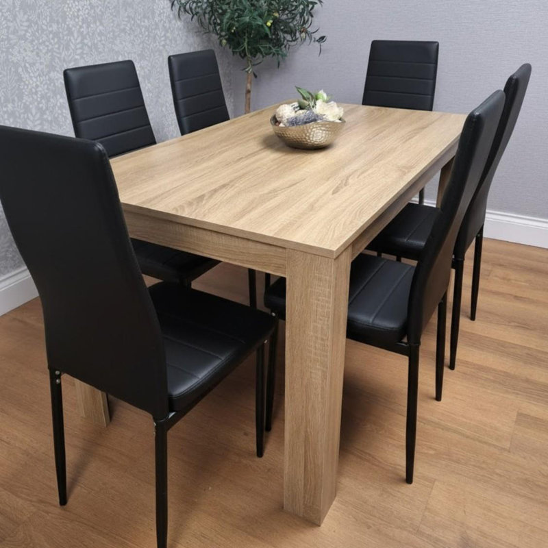6 - Person Dining Set, Beige, Black, 75cm H x 77cm W x 117cm D