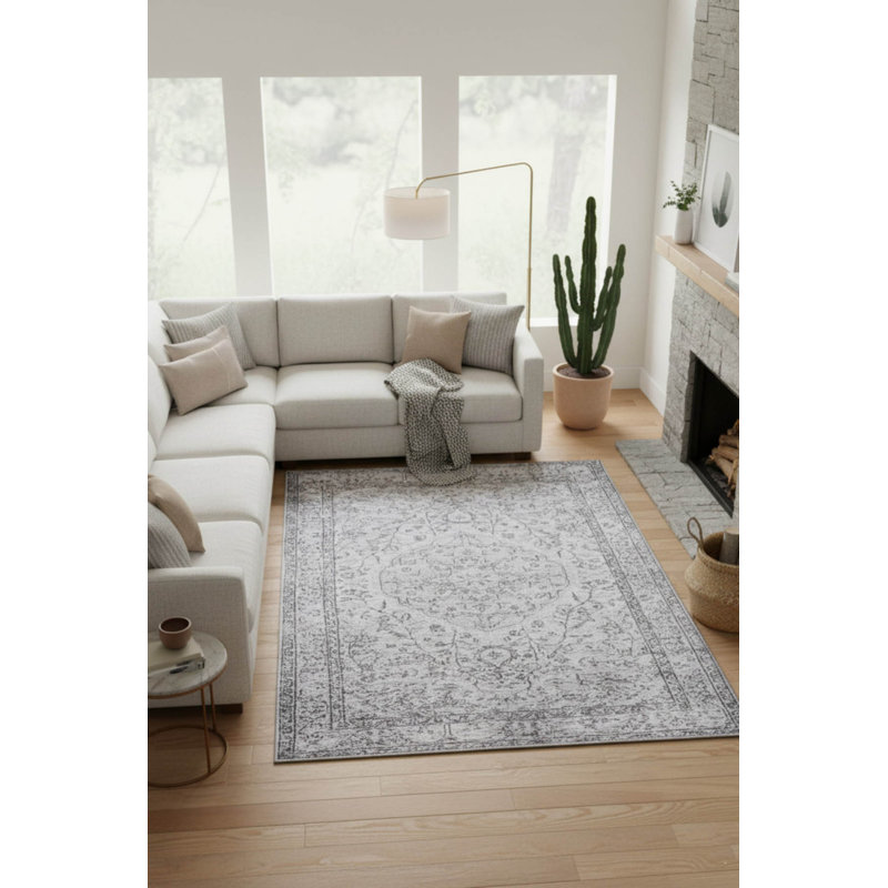 Tapis gris à motif tissé rétro, Rectangle 3 pi 10 po x 5 pi 3 po