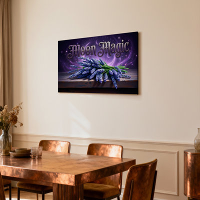 Tableau sur toile tendue « Bouquet de lavande magique au clair de lune », avec fond cosmique violet et motif lunaire mystique, idéal pour la décoration de la chambre ou du salon.