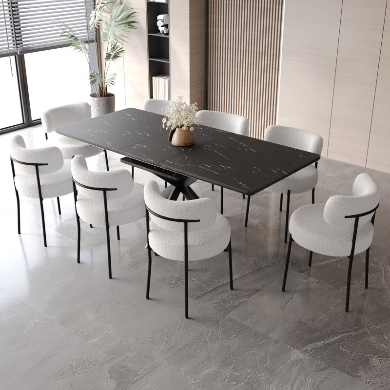 Ensemble de table de salle à manger extensible 62,4 po pour 8 personnes, avec plateau en panneau de fibres à densité moyenne noir, pieds en métal en forme de X et 8 chaises rembourrées à dossier incurvé