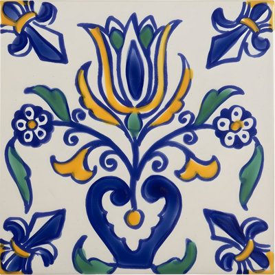 Tuile décorative de tulipe en céramique 4" x 4" en bleu Mediterranean