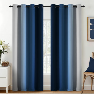 Ombre Blue Blackout Thermal Insulated Curtains, Grommet Top Gradient Window Drapes 2 Panels
