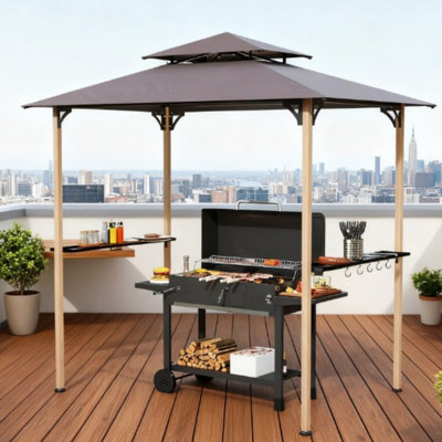 Pavillon de jardin à deux niveaux, abri de barbecue extérieur avec tablettes latérales et crochets de plafond pour patio et cour arrière