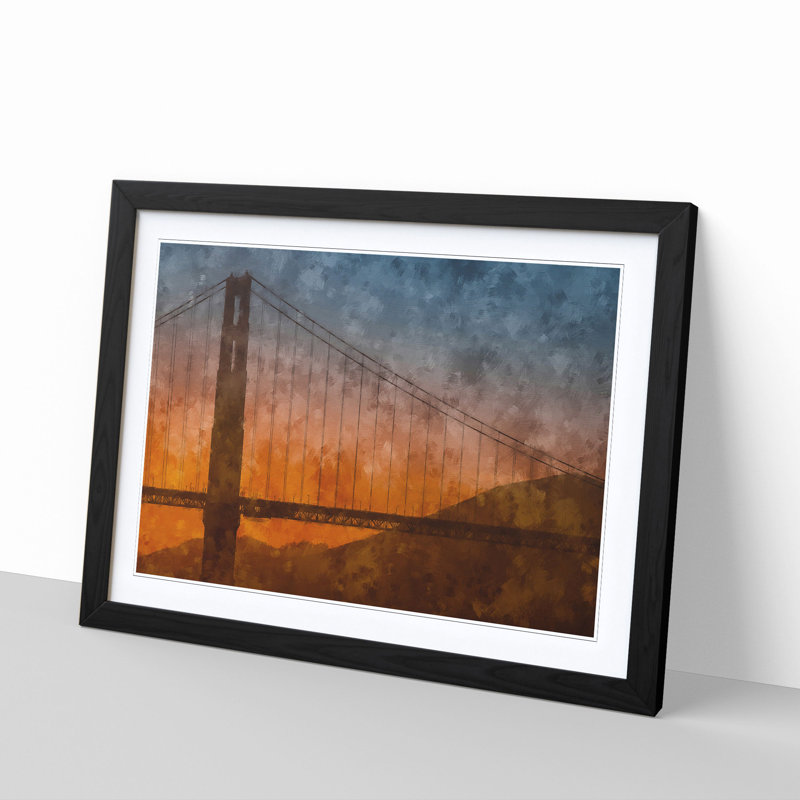 Sunset over Golden Gate Bridge - Picture Frame Painting Print, 62cm H x 87cm W x 2cm D, Black Framed