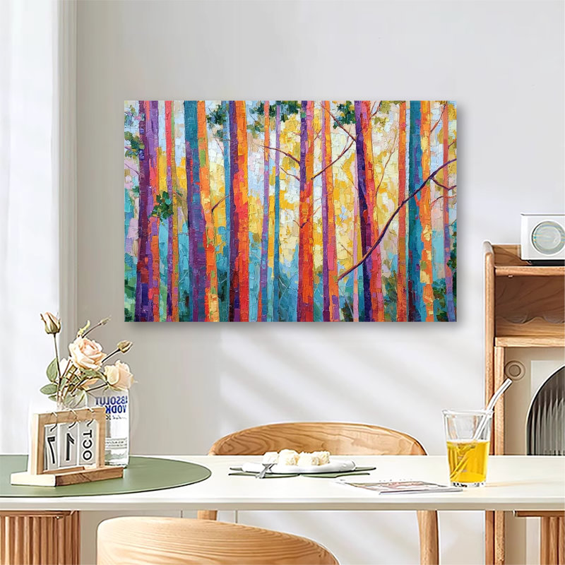 Impasto, troncs de forêt de bouleaux vibrants colorés, grande reproduction d'art sur toile tendue avec châssis pour le salon, la chambre à coucher