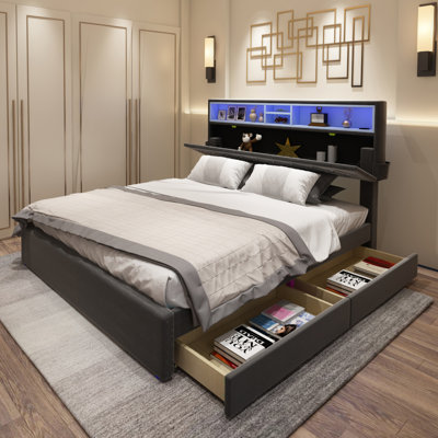 Cadre de lit avec tête de lit avec rangement, base de lit tapissier avec chargement USB, lumières DEL et 2 tiroirs