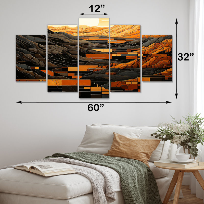 «Orange Desert Sun In Bold Landscape III - Solar Panneaux», ensemble d'art mural multi-panneaux