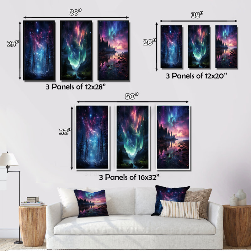 «Aurora Borealis Dancing Lights», 3 pièces sur toile, H 32 po x l 48 po, Toile tendue