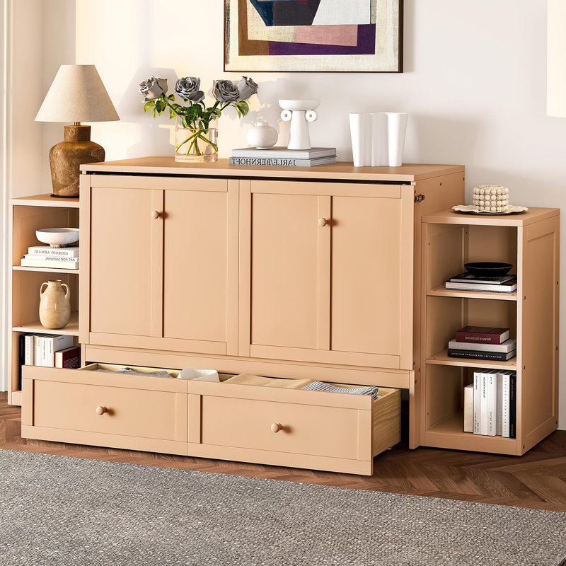 Murphy Bed With Spacious Storage Drawers And Shelves. Ideal For Guest Rooms Or Compact Bedrooms.Golden, Full, Golden