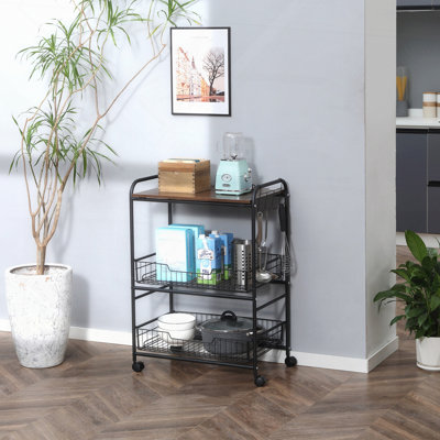 3 Tier Rolling Kitchen Cart With Storage, Kitchen Island Cart On Wheels With 2 Sliding Fruit Basket, Microwave Cart With Side Hooks For Dining Room