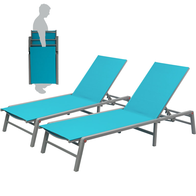 Lounge Chair Outdoor Foldable Lounge Chair With 5 Adjustableassemble-Free (2 Textilence W/O Table), Aqua