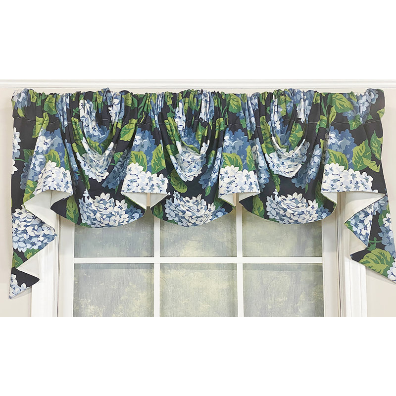 Navy Blue Floral Cotton Rod Pocket Window Valance