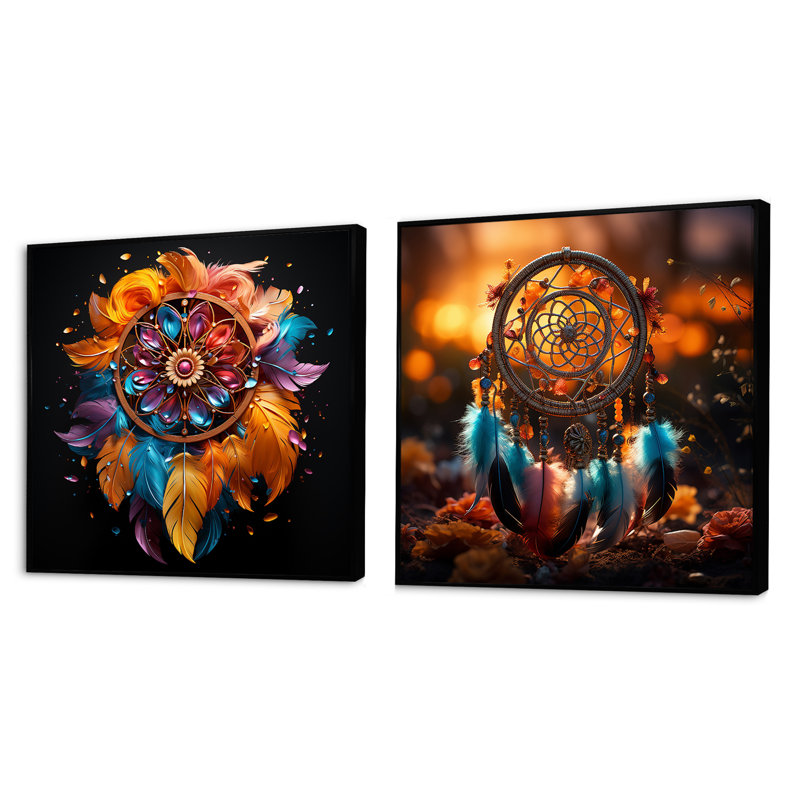 Dreamcatcher Spectrum - Dream Catcher, ensemble de 2 collages carrés, Cadre flottant noir, H 16 po x l 33 po