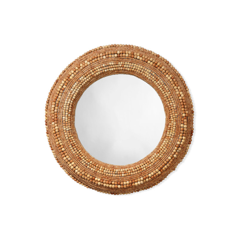 Natural Wood Beaded Round Wall Mirror