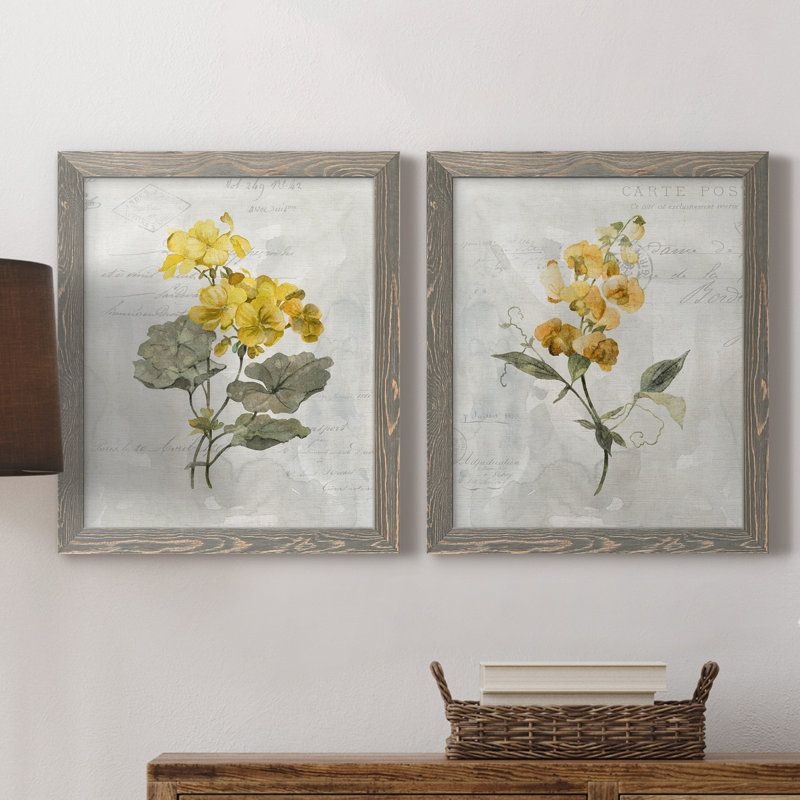 Canari lin géranium - ensemble de 2 reproductions d'art, Pas de tapis, H 24 po x l 36 po x P 1,5 po, Toile avec cadre gris