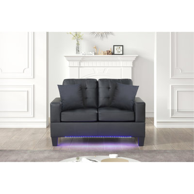 Causeuse en tissu de PVC noir l 55,5 po avec lumières DEL, chargeur USB, coussins capitonnés