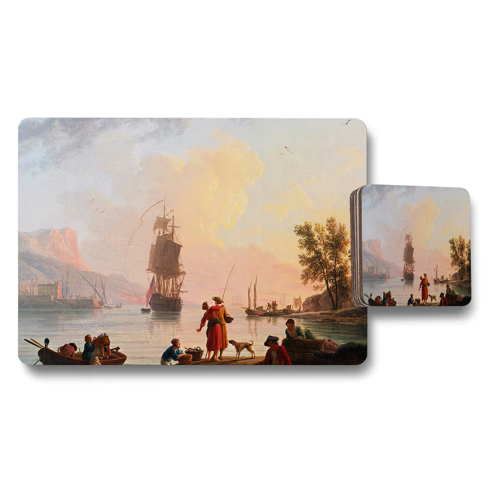 Harbor Scene Placemats And Coasters Set Featuring Antique Ship Painting