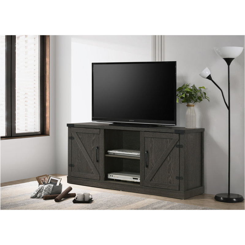 58" Wide TV Stand with 2 Open Shelves and 2 Cabinets, Dark Gray