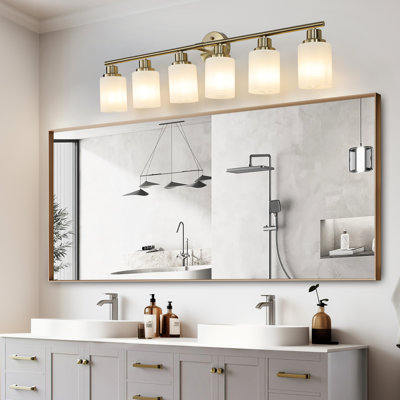 6- Golden Bathroom Vanity Illumination Fixture, Frosted Glass Shades, Modern Wall Mounted Golden, Mounting