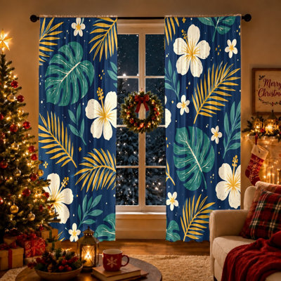 2Pcs Tropical Floral Curtains Light Filtering Rod Pocket Window Drapes for Living Room Bedroom Kitchen, Botanical Print Room Decor, Blue Hawaiian Hibiscus Leaf Curtain